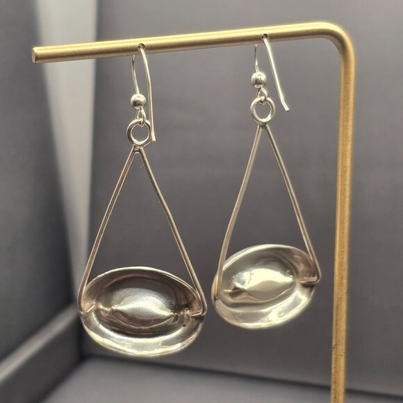 VTG Sterling Silver 925 Triangular Frame Dangle Earrings 2.25" Modernist - Picture 4 of 8